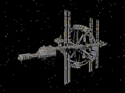 推进力未来派空间站在太空中盘旋运输飞船漫画星舰力学技术金属背景