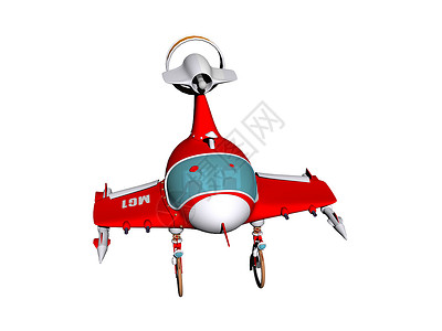 配备轮子的红色红卡通直升机漫画螺旋桨飞机车轮座舱翅膀背景图片