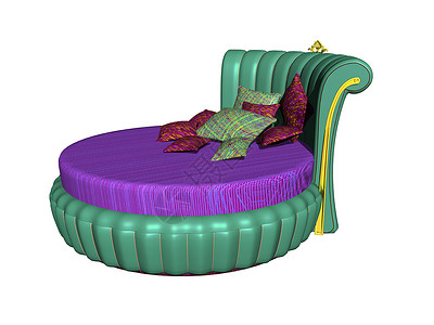 带多彩床铺的圆双床双人床睡眠绿色卧室装潢紫色枕头圆形床垫背景图片