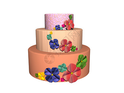 三层彩色装饰的结婚蛋糕红色甜点面团蓝色塔蛋糕绿色奶油背景图片