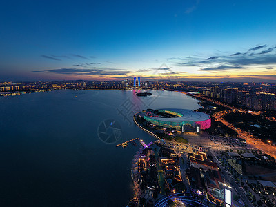 中国苏州金吉湖市府大楼建筑学蓝色工业园商业办公室建筑天空全景地标景观背景图片