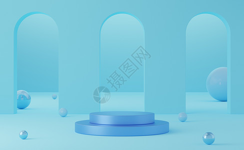 那么大圆筒空蓝色圆筒讲台和大蓝背景的球 Abs圆柱平台推介会插图商业艺术站立框架小样金属背景