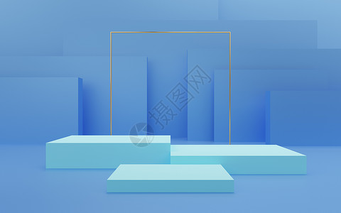 奢华金色边框空的蓝色立方体讲台 蓝色有金色边框和金色正方形比赛大理石站立小样木板陈列柜店铺产品平台艺术背景