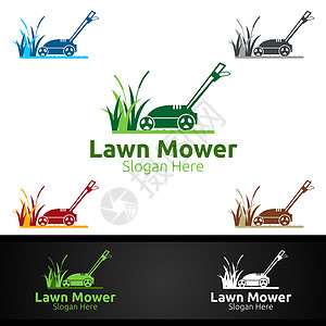 草坪设计素材草坪 MowerLogo 用于草地Mowing园艺设计质量后院标识服务生态博客割草机家庭植物拖拉机插画