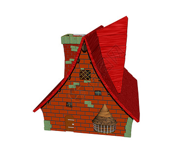 红色红卡通屋 屋顶铺满了天花板前院度假漫画卡通片结构小屋建筑树木栅栏住宅背景图片