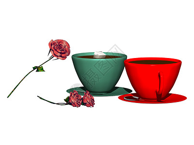 两个彩色杯子加咖啡和玫瑰饮料陶瓷飞碟菜肴棕色背景图片