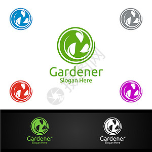 带绿色花园环境或植物农业设计的Zen园艺人 Logo 插图风格盆栽后院仓库阴影蝴蝶寝具播种机草本植物蔬菜图片