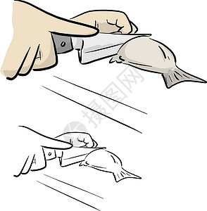 生而为人手握刀切鱼矢量插图草图的剪近手设计图片