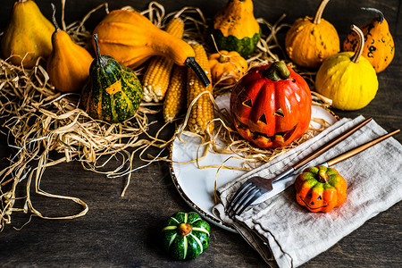 秋季表格设置南瓜餐巾框架食物银器刀具蔬菜感恩卡片纺织品背景图片