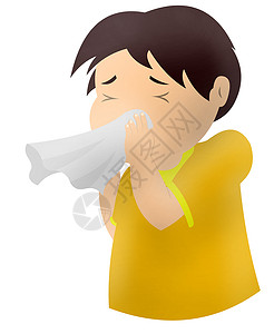 手帕卡通男孩用手帕打他的鼻子 婴儿冷却 生病的少年擦鼻孔 平板卡通2D插图背景