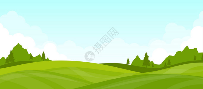 生态绿道带白云和蓝圆的绿观草原景观插画