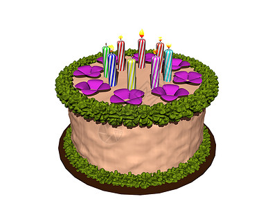 带蜡烛的彩色生日蛋糕紫色棕色烧伤甜点绿色火焰奶油糖果背景图片