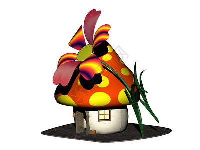 为花朵的侏儒提供彩色蘑菇屋房子红色漫画黄色背景图片