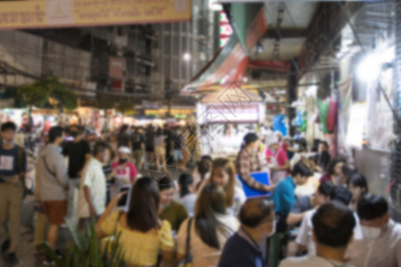 在泰国曼谷唐人城和Peop的 模糊街道食品烧烤摊位指导松坦食物东炎菜肴面条海鲜城市背景图片