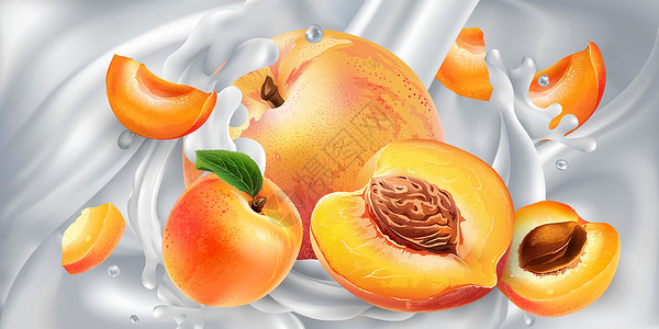 桃子酸奶牛奶或酸奶中的杏子和桃子厨房食物奶制品饮食美食鞭打产品饮料溪流维生素插画