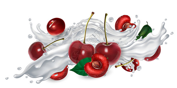 拟人樱桃酸奶酸奶或牛奶喷洒中的樱桃饮食奶制品产品鞭打插图水果飞溅食物饮料营养插画
