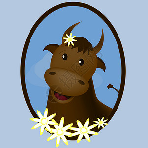 犊牛长着菊花的有趣的可爱奶牛插画