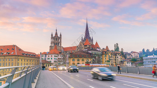 瑞士洛桑市下城城市天线历史性景观蓝色市中心旅游中心旅行假期大教堂建筑学背景
