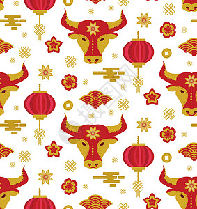 新年饰品中国新年无缝模式 牛年 2021 重复纹理背景 它制作图案矢量灯笼新年风格织物装饰文化哺乳动物动物墙纸节日插画