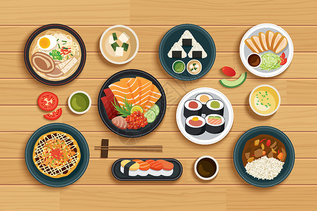 天妇罗乌冬面在顶视图木背景的日本食物木头菜单插图桌子餐厅寿司美食文化盘子午餐插画