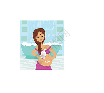 腹部护理孕妇对腹部止痛剂进行润滑剂治疗浴室护理肚子女性妈妈孕妇装浴缸润肤洗剂皮肤插画