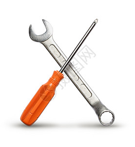 真正的DIY机械手工具套装在白色背角上工作机械扳手橙子划痕手工具投影螺丝刀背景图片