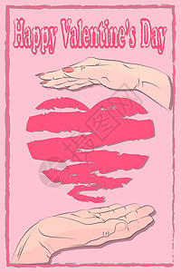 情人节的粉红贺卡 手画多彩矢量说明男女手握着粉红色心脏 是拯救爱的象征 (笑声)背景图片
