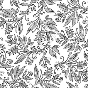 弗洛拉丝无缝的图案 灰色有叶子和浆果 手绘画纺织品森林花瓣植物枝条博客艺术卡片花卉墙纸背景图片