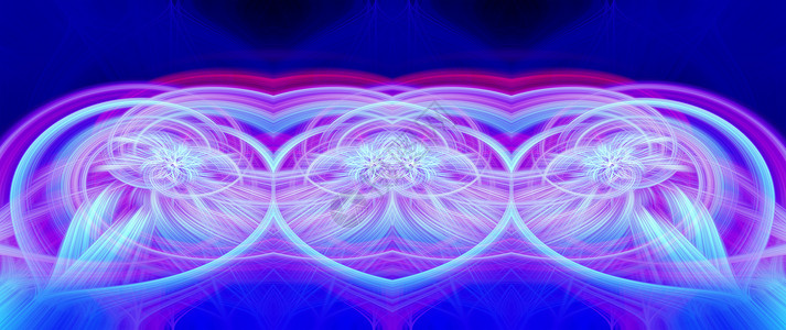 抽象童话素材美丽的抽象交织在一起的发光 3d 纤维形成了火花 火焰 花朵 相互关联的心形 蓝色 栗色 青色和紫色 横幅尺寸 插图程序弯曲小径背景