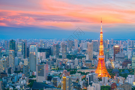 东京与日本东京塔的东京天际线旅行建筑街道天空办公室地标日落全景市中心旅游背景