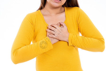 妇女触摸她的心脏或胸部 孤立的白种背景 保健医疗或日常生活概念 以及药品中风症状酸度情况胸肌痛苦哮喘攻击心血管背景图片
