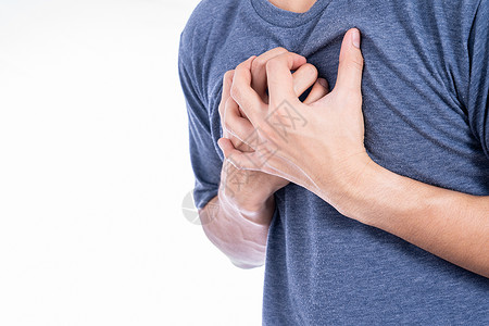 气胸男人触摸他的心脏或胸部 孤立的白种背景 保健医疗或日常生活概念胸肌肺炎心血管哮喘呼吸疼痛酸度药品情况伤害背景