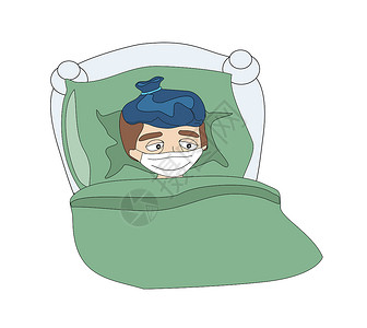 坐月子说明一名生病男孩躺在床上的情况涂鸦流感人物卫生被子住院面具热水袋手绘插图插画