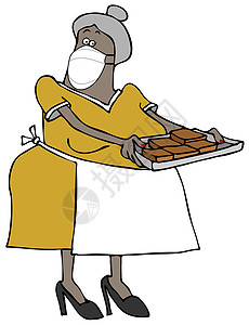 巧克力剪贴画身戴面罩 带着巧克力蛋糕盘的年长妇女背景