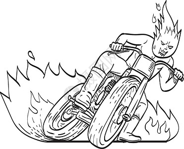 单重态汽车司机 有火球头驾驶摩托车驾驶员;平坦的赛车轨迹直线绘画黑人和白人设计图片
