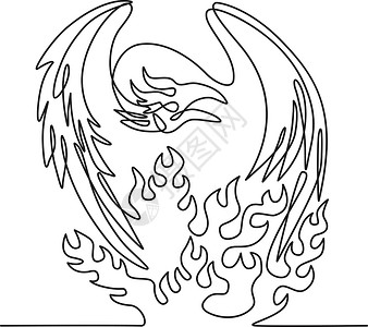 a 凤凰神话鸟 它在火前观光连续线绘制黑白分界线上 具有同步性背景图片