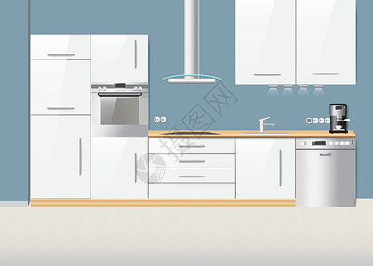 水槽洗碗机室内有白色厨房 带有设备概念矢量插画