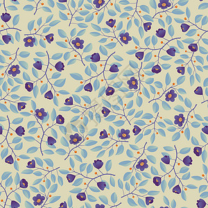 三片树叶枝Floral 背景  无缝模式 树叶枝和p元素艺术蓝色花卉叶子墙纸花瓣图案织物橙子插画