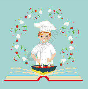 美食书厨师持有食谱烹饪手册 摘要卡片 插图成人盘子厨房用餐平底锅蔬菜用具微笑食物姿势设计图片