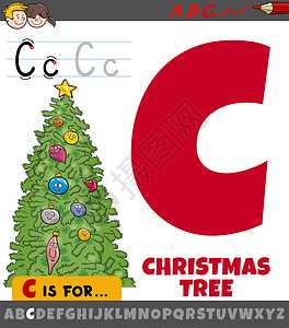 美国圣诞树带有卡通圣诞树的 C 工作表设计图片