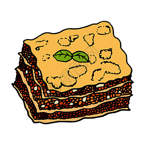 牛肉粿条意大利拉萨尼亚传统食物 手画素描风格餐厅床单午餐沙拉涂鸦食谱菜单盘子美食草图插画