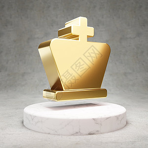 国际象棋国王图标 白色大理石讲台上闪闪发光的金色国际象棋王符号背景图片