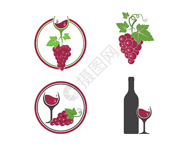 黑葡萄葡萄酒标志图标矢量插图设计庆典酒吧餐厅瓶子酒精标签酒杯等距红色草图插画