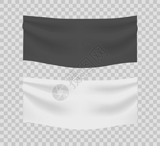 带褶皱的白色和黑色纺织横幅 织物空水平空白海报 矢量逼真的尼龙或乙烯基旗帜样机设计图片