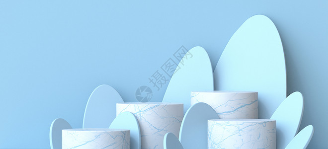 装上白色大理石台 用于蓝色产品展示背景图片