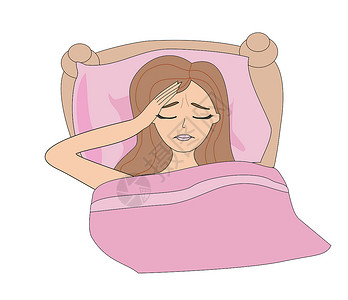 坐月子关于一名生病女孩躺在床上的插图医院卡通药品人物手绘被子发烧孩子卡通片悲伤插画