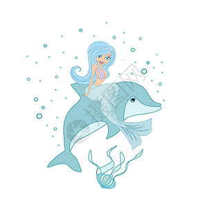 海豚尾巴美丽的美人鱼与海豚一起游泳插画