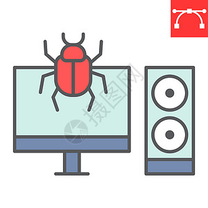 电脑木马受感染的计算机彩色线图标 安全和 pc 病毒 计算机病毒攻击符号矢量图形 可编辑笔划填充轮廓图标 eps 10插画