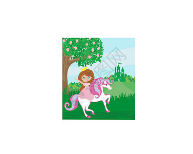 杀马特发型可爱的小公主 骑着童话般的马森林动物旅行魔法公主城堡建筑女性成人女孩插画