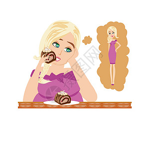 做蛋糕女人胖女孩梦想做一个瘦瘦的女孩女士快乐肥胖幸福食物饥饿巧克力成人乐趣甜点插画
